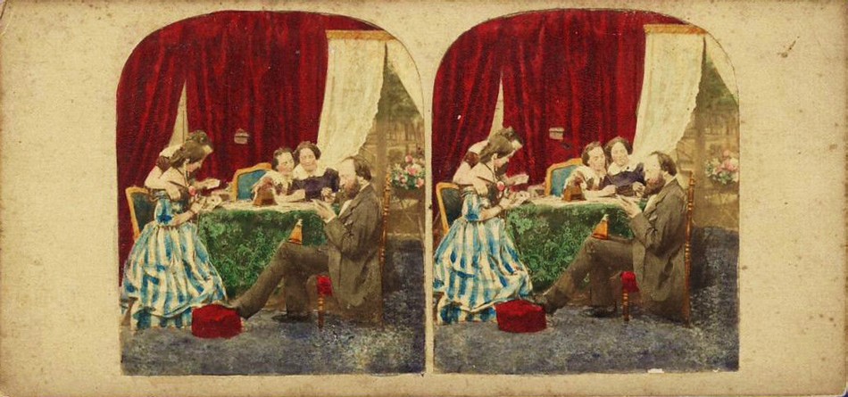 3D 1865 family looking at stereoview handtinted