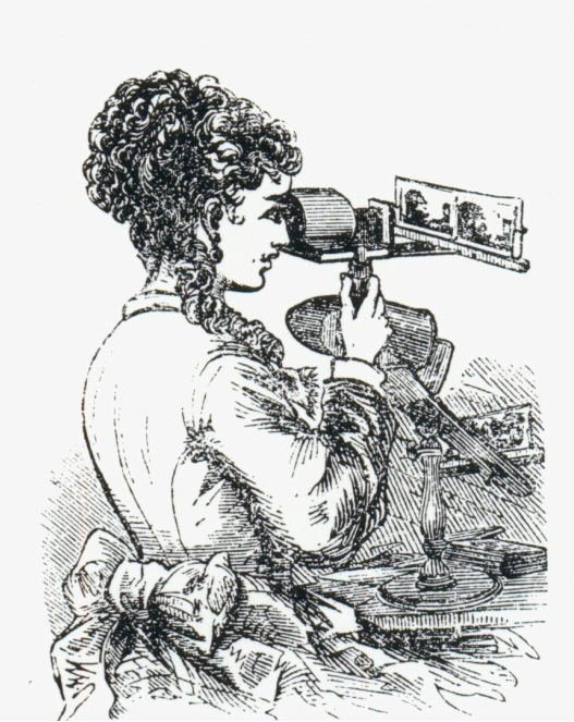 Dies Bild zeigt sowohl eine Tischversion mit Standfuß als auch das Handstereoskop von Oliver Wendell Holmes